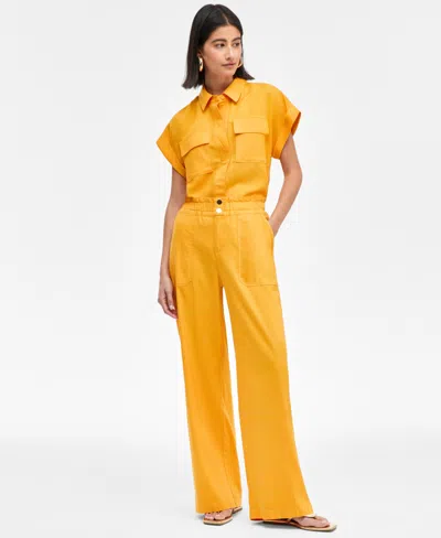 Inc International Concepts Women's Linen-blend Short-sleeve Blouse, Exclusively At Macy's In Bright Honey