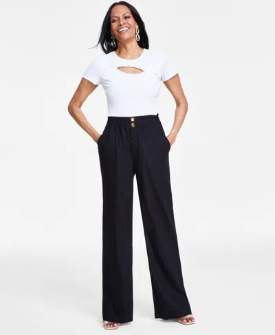Inc International Concepts Women's Linen Paperbag-waist Pants, Created For Macy's In Deep Black
