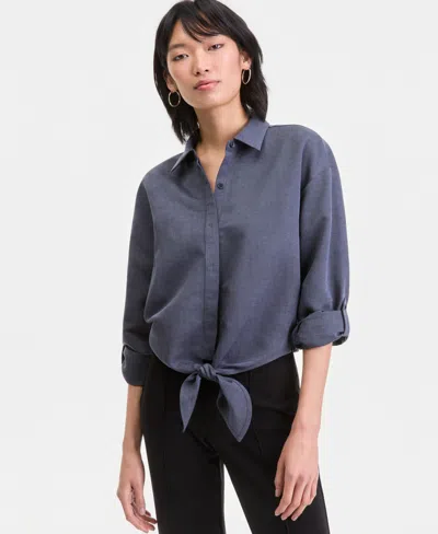 Inc International Concepts Women's Linen-blend Button-front Tie-hem Shirt, Macy's Exclusive In Blue