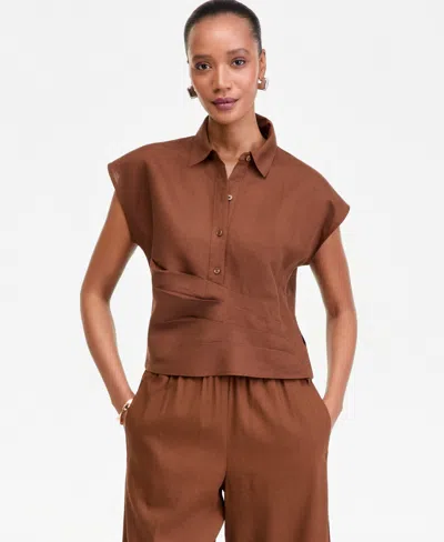 Inc International Concepts Women's Linen-blend Wrap Blouse, Exclusively At Macy's In Brown