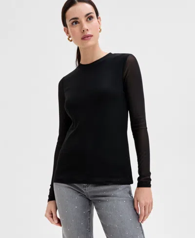 Inc International Concepts Women's Long-mesh-sleeve Crewneck Top, Exclusively At Macy's In Deep Black