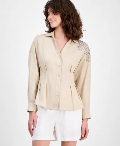 Inc International Concepts Women's Long-sleeve Embellished-shoulder Shirt, Macy's Exclusive In Sand