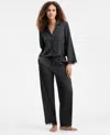 Inc International Concepts Women's Long Sleeve Lace Trim Boxy Satin Notch Set, Created For Macy's In Black