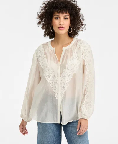 Inc International Concepts Women's Long Sleeve Lace-trim Blouse, Macy's Exclusive In White