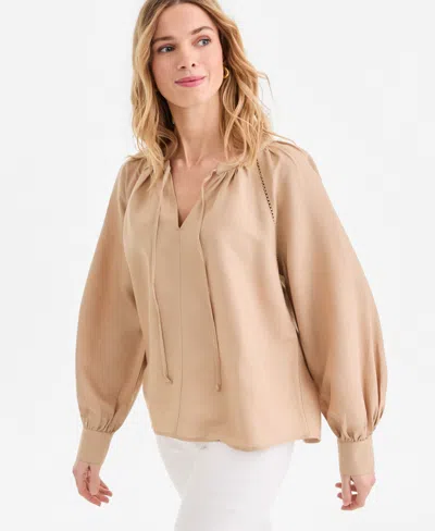 Inc International Concepts Women's Long Sleeve Linen-blend Blouse, Macy's Exclusive In Brown