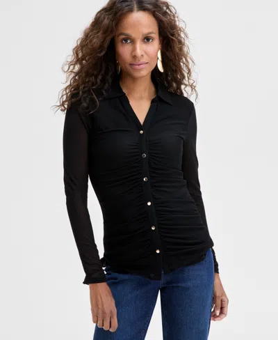 Inc International Concepts Women's Long-sleeve Mesh Button Up Top, Exclusively At Macy's In Deep Black