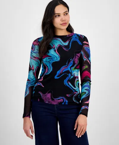 Inc International Concepts Women's Long-sleeve Mesh Crewneck Top, Exclusively At Macy's In Meara Marb
