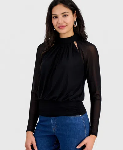 Inc International Concepts Women's Long-sleeve Mesh Cutout Top, Macy's Exclusive In Black