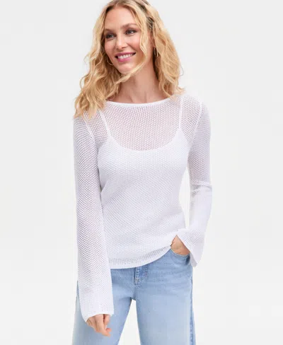 Inc International Concepts Women's Long Sleeve Open-knit Overlay Sweater, Macy's Exclusive In White