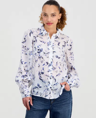 Inc International Concepts Women's Long Sleeve Printed Ramie Button Down Shirt, Macy's Exclusive In White