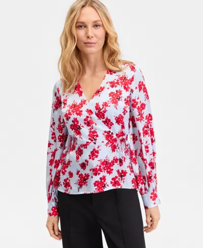 Inc International Concepts Women's Long Sleeve Printed Wrap Blouse, Macy's Exclusive In Blue