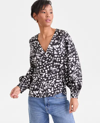 Inc International Concepts Women's Long Sleeve Printed Wrap Blouse, Macy's Exclusive In Black