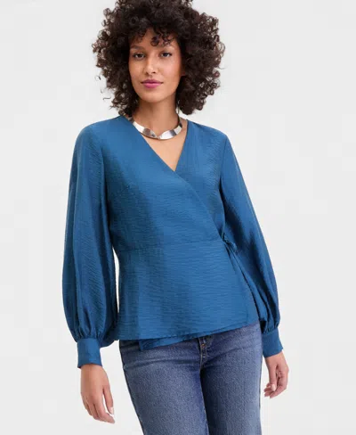 Inc International Concepts Women's Long Sleeve Textured Wrap Blouse, Macy's Exclusive In Blue