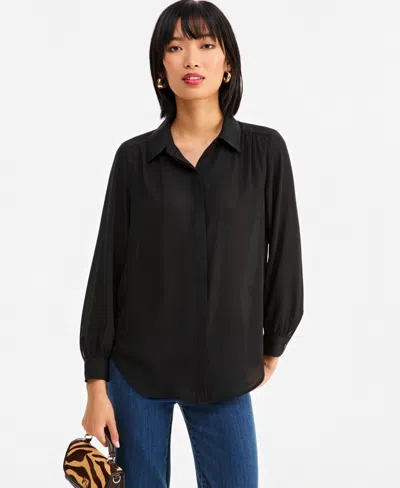 Inc International Concepts Women's Long-sleeve Collared Button-down Tunic Blouse, Macy's Exclusive In Deep Black
