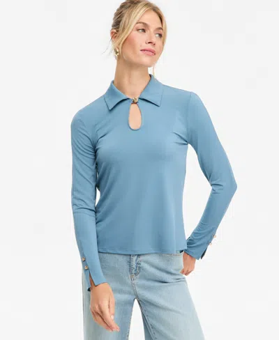 Inc International Concepts Women's Long-sleeve Collared Keyhole Blouse, Macy's Exclusive In Blue