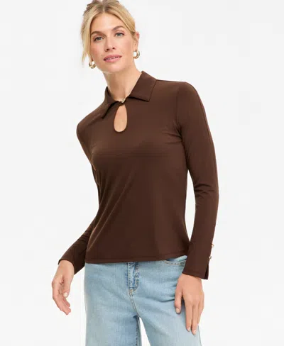 Inc International Concepts Women's Long-sleeve Collared Keyhole Blouse, Macy's Exclusive In Brown