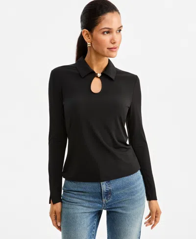 Inc International Concepts Women's Long-sleeve Collared Keyhole Blouse, Macy's Exclusive In Black
