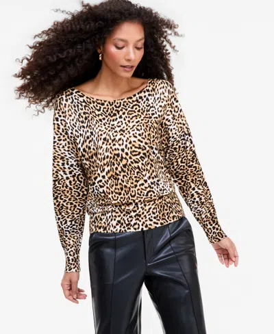 Inc International Concepts Women's Long-sleeve Leopard-print Lightweight Boatneck Sweater, Macy's Exclusive In Mavi Cheetah