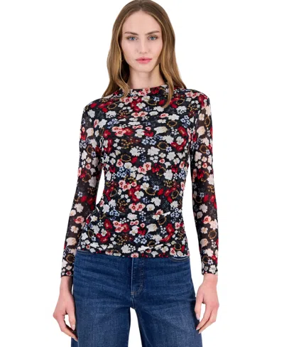 Inc International Concepts Women's Long-sleeve Mock-neck Printed Mesh Top, Macy's Exclusive In Brianne Garden