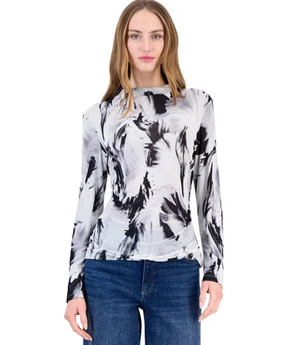 Inc International Concepts Women's Long-sleeve Mock-neck Printed Mesh Top, Macy's Exclusive In Maya Texture