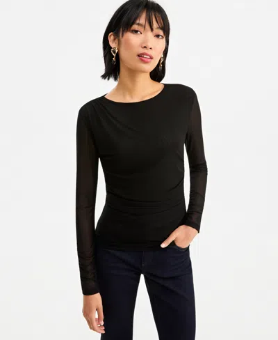 Inc International Concepts Women's Long-sleeve Ruched Mesh Blouse, Macy's Exclusive In Black