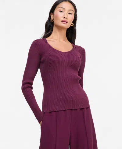 Inc International Concepts Women's Long-sleeve V-neck Cutout-trim Sweater, Macy's Exclusive In Purple