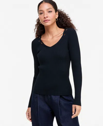 Inc International Concepts Women's Long-sleeve V-neck Cutout-trim Sweater, Macy's Exclusive In Blue