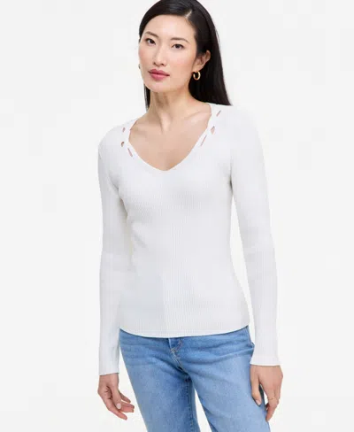 Inc International Concepts Women's Long-sleeve V-neck Cutout-trim Sweater, Macy's Exclusive In White