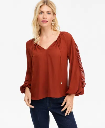 Inc International Concepts Women's Long-sleeve V-neck Ruffle Blouse, Macy's Exclusive In Brown