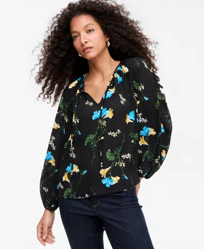 Inc International Concepts Women's Long-sleeve V-neck Ruffle Blouse, Macy's Exclusive In Mela Floral