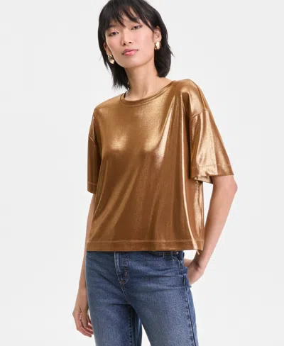 Inc International Concepts Women's Metallic Foil Crewneck T-shirt, Macy's Exclusive In Gold