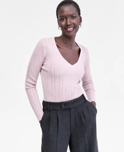 Inc International Concepts Women's Metallic-knit V-neck Sweater, Macy's Exclusive In Pink