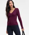 Inc International Concepts Women's Metallic-knit V-neck Sweater, Macy's Exclusive In Purple