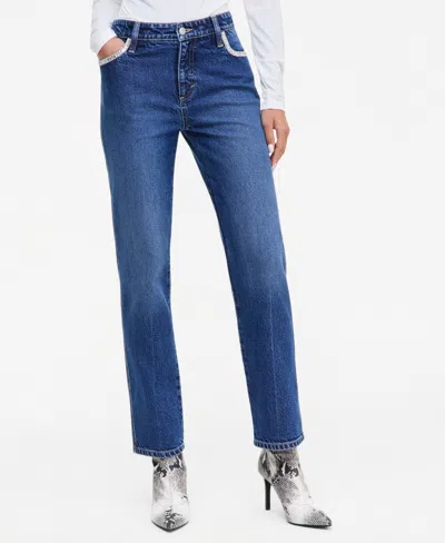 Inc International Concepts Women's Mid-rise Slim-straight Leg Embellished-pocket Jeans, Macy's Exclusive In Blue