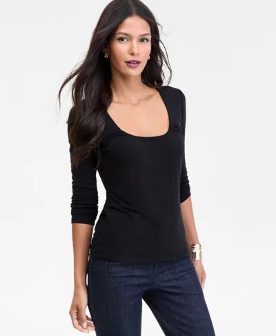 Inc International Concepts Women's Mixed Media Scoop-neck Long-sleeve Top, Macy's Exclusive In Black