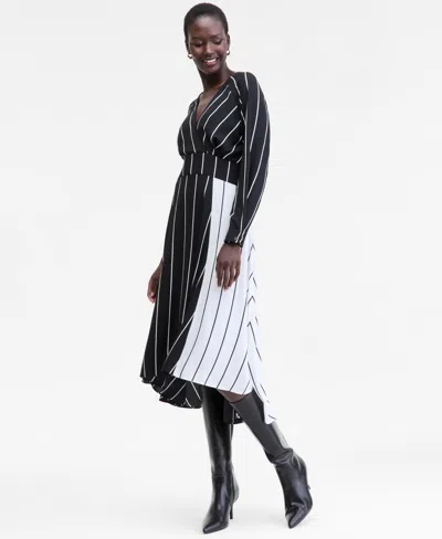 Inc International Concepts Women's Multi-stripe Surplice-neck Midi Dress, Macy's Exclusive In Black