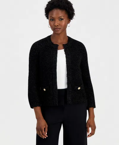Inc International Concepts Women's Petite Eyelash-knit Gold-tone Button Cardigan, Macy's Exclusive In Deep Black