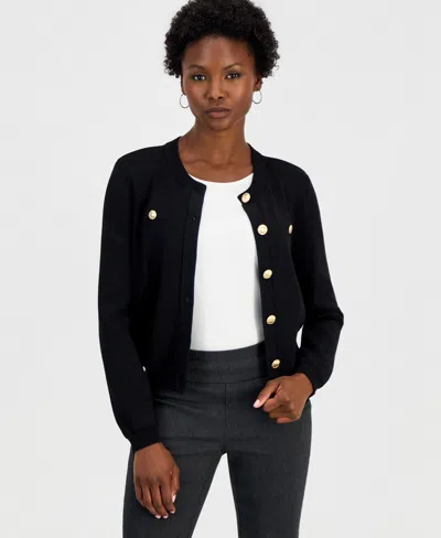 Inc International Concepts Women's Petite Structured Button-front Cardigan, Macy's Exclusive In Deep Black