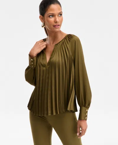 Inc International Concepts Women's Pleated V-neck Blouse, Macy's Exclusive In Green