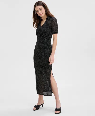 Inc International Concepts Women's Pointelle Collared Sweater Dress, Exclusively At Macy's In Black W Gold