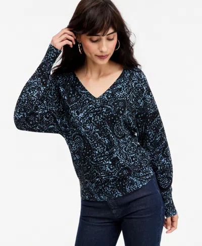 Inc International Concepts Women's Print Double V-neck Dolman Sweater, Macy's Exclusive In Blue