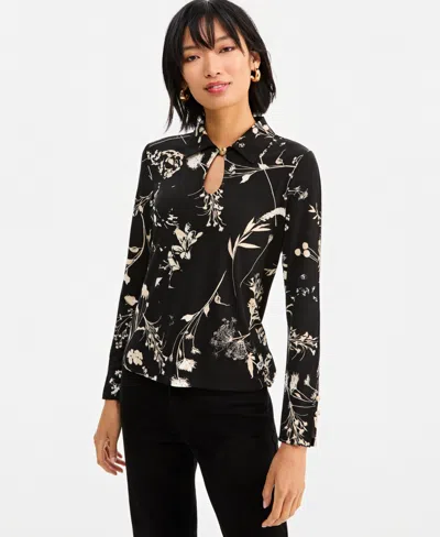 Inc International Concepts Women's Print Long-sleeve Blouse, Macy's Exclusive In Black