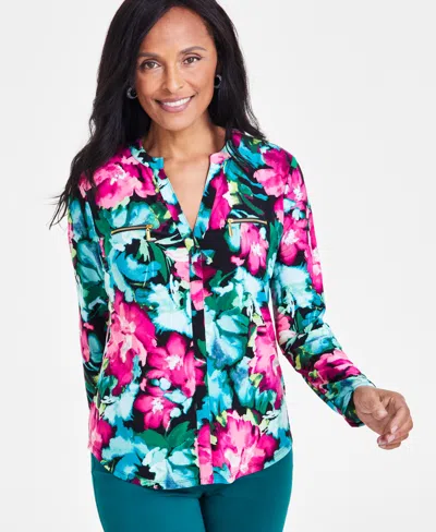 Inc International Concepts Petite Printed Zip-pocket Long-sleeve Top, Created For Macy's In Ailee Combo A