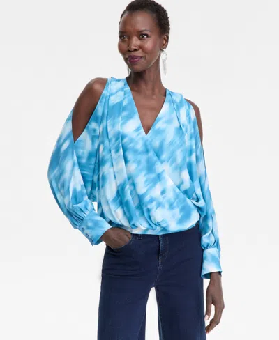 Inc International Concepts Women's Printed Arm-slit Surplice Blouse, Macy's Exclusive In Blue