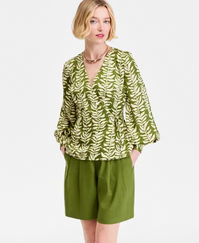Inc International Concepts Women's Printed Blouson-sleeve Wrap Blouse, Macy's Exclusive In Green