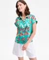 Inc International Concepts Women's Printed Button-down Camp Shirt, Exclusively At Macy's In Green