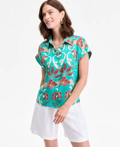 Inc International Concepts Women's Printed Button-down Camp Shirt, Exclusively At Macy's In Green