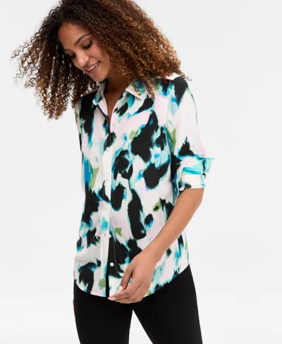 Inc International Concepts Women's Printed Button-front Shirt, Macy's Exclusive In Blue