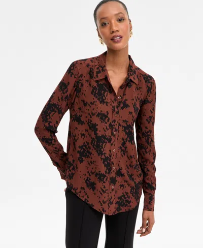 Inc International Concepts Women's Printed Button-front Shirt, Macy's Exclusive In Brown