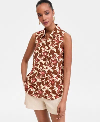 Inc International Concepts Women's Printed Button-down Sleeveless Blouse, Exclusively At Macy's In Brown